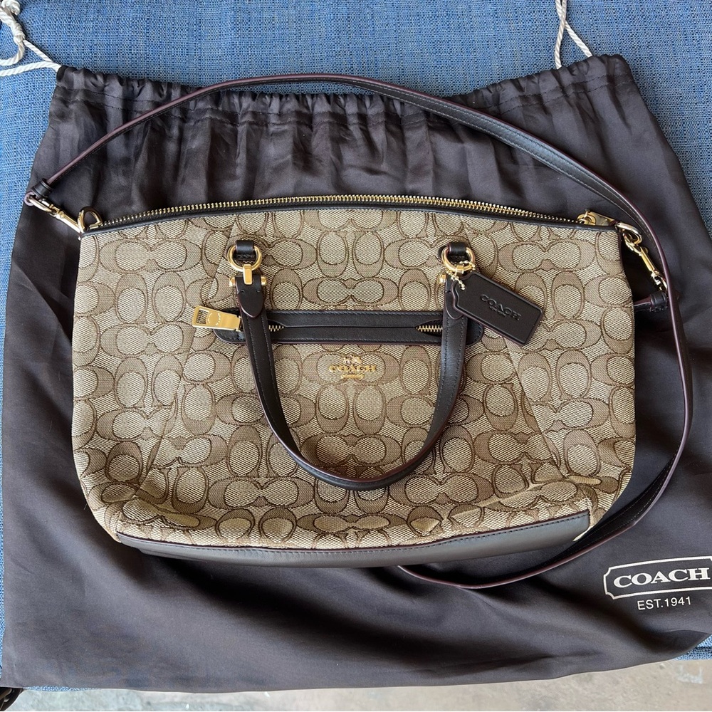 Coach Tan and Brown Shoulder Bag with Signature Monogram
